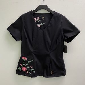 Black Floral Embroidered Jaanuu Scrub Top